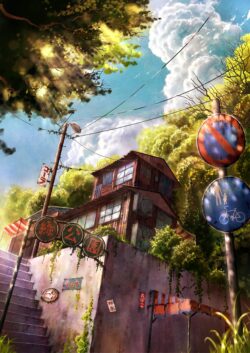 japan street overgrown house nature signs steps sunlight urban fantasy digital art summer vibrant nostalgic trees building abandoned