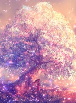 cherry blossom giant tree pink flowers fantasy landscape glowing tree magical nature ethereal light umbrella girl scenic sakura floral wallpaper