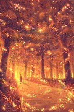 autumn forest golden leaves fall path forest mystical warm lighting ethereal nature peaceful glowing trees solitude scenic magical
