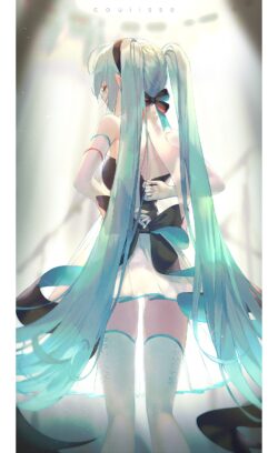 hatsune miku vocaloid stage light back view twintails idol concert performance teal hair anime girl elegant spotlight ribbon