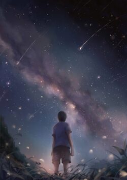 shootingstars milkyway nightsky boy stargazing gazing anime digitalart celestial magical wish starfall cosmic