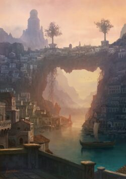 fantasy city water canal bridge mountain architecture oldtown ruins digitalart epic travel village