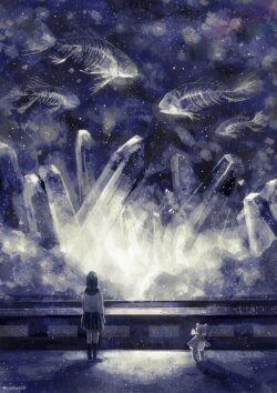 Girl and teddy bear fantasy underwater crystal ruins glowing fish skeleton monochrome blue art surreal crystal formation deep sea mystery shining ancient architecture sad anime aesthetic school uniform girl eeri