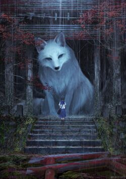 giant white fox kitsune japanese shrine rain schoolgirl mystical spirit forest torii gate mythology fantasy ethereal shinto monsoon