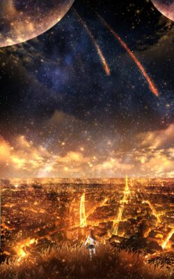 Magical night city view shooting stars sky golden glowing metropolis girl on hill looking at city starlight and bokeh anime meteor shower Eiffel Tower lights futuristic cityscape dreamlike atmosphere J pop art s