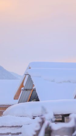 snowy roof cabin winter mountain scenery minimal design pastel sky cold weather chalet nature white blue outdoor serene