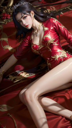 girl red gold dress bed royal fantasy digitalart luxurious glamorous beautiful asian seductive darkhair charming