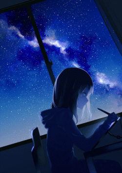 girl drawing milkyway nightsky stars digitalart artist illustration blue glowing fantasy laptop dark creative space