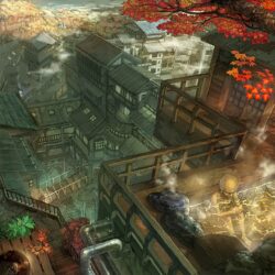 japanese village traditional architecture hot springs onsen autumn maple scenic view mountain town evening glow tranquil scenery rustic vintage illustration