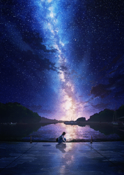 milkyway nightsky stars galaxy fantasy anime art reflection water dock harbor scenery celestial beautiful stargazing