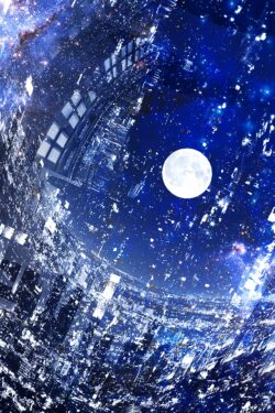 space galaxy moon cityscape night sky stars cosmic fantasy dreamy blue illustration urban scifi celestial surreal