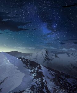 snowy mountains milky way starry night sky winter scenery galaxy cold peak astronomy nature wilderness blue midnight climbing serene horizon