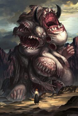 monster horror giant creature dark fantasy beast mouth teeth surreal macabre creepy illustration digital art painting mystery shadow