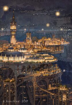 A glowing, multi-tiered steampunk or fantasy city illuminated at night with a prominent clock tower. Detailed illustration of a multi-level fantasy or steampunk city at night with a glowing clock tower.