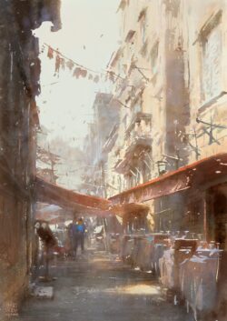 street market urban watercolor painting cityscape alley sunlight outdoor travel vintage architecture digital art scenic illustration artistic