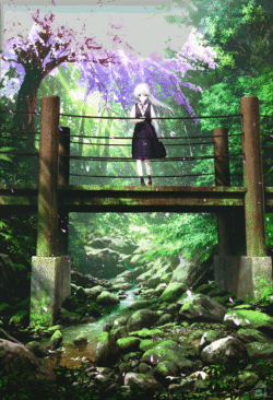 anime girl bridge forest cherry blossoms river nature sunlight magical peaceful fantasy greenery spring aesthetic scenic ethereal