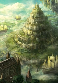 floating island castle sky ships fantasy kingdom adventure steampunk clouds mythical architecture epic landscape concept art dreamworld ethereal visuals