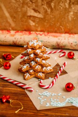 christmas cookies gingerbread tree candy canes holiday decorations festive sweets dessert winter tabletop still life baking food seasonal