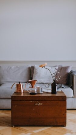 coffee pour over kettle copper interior living room couch cozy morning lifestyle home cafe rustic chest flower vase brewing