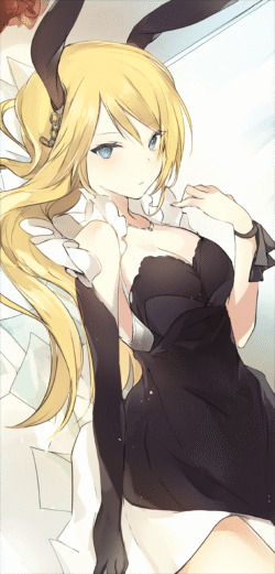 anime girl bunny ears black dress blonde hair blue eyes long gloves elegant shading profile view headband ribbon beauty stylish monochrome vibes