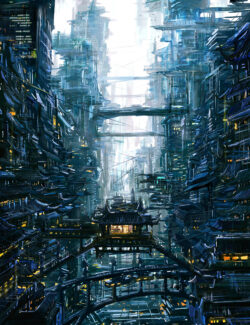 cyberpunk slum dystopian future scaffolding neon lights urban decay industrial scifi megacity architecture concept art night market crowded vertical city