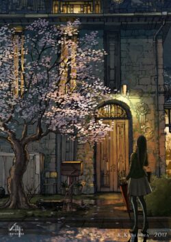 sakura cherry blossom night street rain girl umbrella japanese style house moody illustration back view vintage charming spring