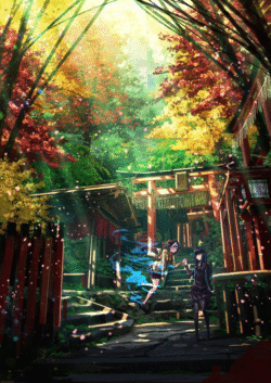 torii gate shrine forest autumn leaves maple sunlight spirit ghost kimono girls japanese scenery magical mystical nature vibrant