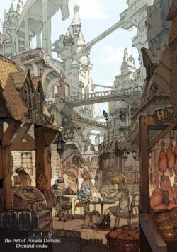 market street medieval fantasy city architecture sketch digitalart town historical urban rpg merchant bridge castle
