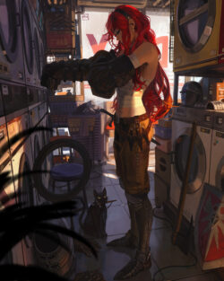 A girl in a pink dress sits on a swing over clear turquoise water, gazing at a beautiful waterfall in a vibrant, magical forest. A digital painting of a girl with long brown hair on a swing, seen from behind, facing a wide waterfall and a colorful, magical forest.