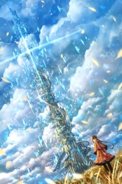 Celestial futuristic tower shining blue energy beam girl in field of wheat white fluffy clouds science fiction fantasy heavenly light effects floating petals and dust ascension concept high rise structure magica