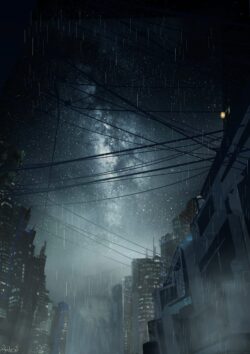 cyberpunk city rain milkyway stars night sky urban wires electricity futuristic dystopian moody scifi astronomy metropolis midnight