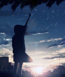 Girl silhouette sunrise starry sky dusk city skyline background raising hand to the sky magical anime moment shooting stars in morning field of grass foreground emotional digital art hope and longing urban fanta