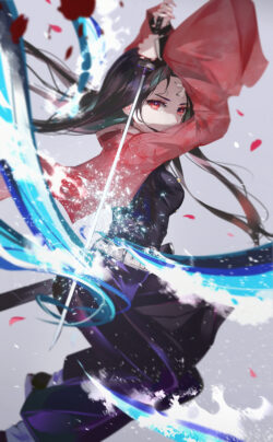 nezuko kamado demon slayer katana action pose water breathing dynamic composition red eyes kimono battle scene manga style shonen energy