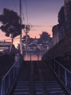 lofi sunset street japan neighborhood evening twilight stairs nostalgia suburban peaceful chill clouds scenic urban