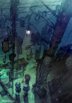 underwater submerged city ocean fantasy sharks mysterious blue depth drowning scenery conceptart dark atmospheric schoolgirl water