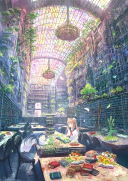 library greenhouse plants books girls school uniform fantasy interior sunlight study overgrown vibrant detailed architecture cozy