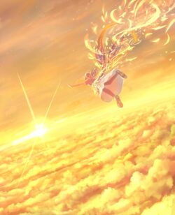 falling from sky sunset clouds angelic golden light fantasy girl ethereal dreamy freedom spiritual hope illustration flying magical glow