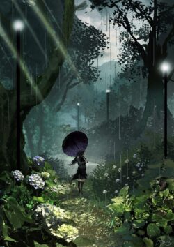 rain anime girl umbrella forest dark aesthetic nature hydrangea flowers misty moody scenic illustration wallpaper digital art solitude