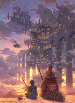 steampunk gothic city floating castle airship fishing boy raccoon cat sunset clouds fantasy illustration epic architecture warm light