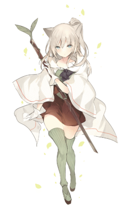 anime girl animal ears kemonomimi fox girl staff magical white cloak fantasy adventure green eyes blonde hair short skirt gloves thigh highs nature