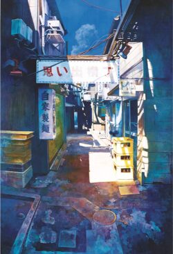 alley japan sunlight shadows pavement crates vintage urban quiet street morning architecture memory lane nostalgic traditional blue sky