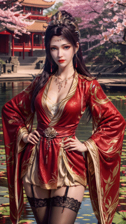 traditional chinese dress fantasy woman red gold kimono sakura pond elegant beautiful portrait costume asian fashion long hair
