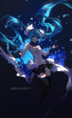 hatsune miku vocaloid blue hair long twintails glowing digital diva music virtual idol cyber fantasy ethereal lighting dynamic pose dark background illustration