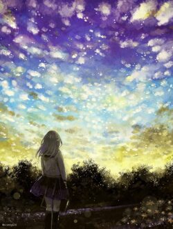 starry sky galaxy milky way impressionist art girl stargazing night vibrant colors purple and yellow dreamy cosmic fantasy landscape painting