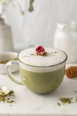 matcha latte green tea coffee shop morning drink healthy beverage foam rose bud honey aesthetic bright white clean breakfast wellness