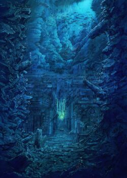 underwater ruins deep sea city ancient dark blue glowing fantasy art digital painting fish submerged mystery aesthetic