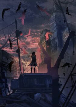 Dark fantasy post apocalyptic cityscape lonely girl silhouette crows and red spirits creepy abandoned building dusk light ruins and cranes gritty anime art urban decay dramatic sky mystery melancholy atmospher