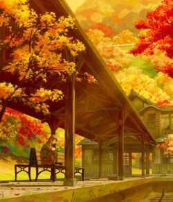 autumn leaves maple trees orange scenery train station peaceful anime girl waiting serene landscape warm colors fall vibes nostalgic scenic illustration