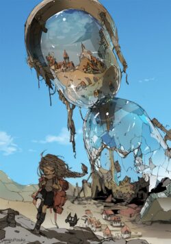 post apocalyptic hourglass broken town desert girl small creature fantasy dystopian time travel surreal digital art sky ruins