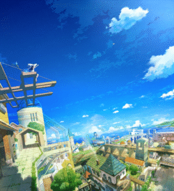 cityscape blue sky rooftop girl futuristic digitalart fantasy architecture greenery clouds bright vista dreamy